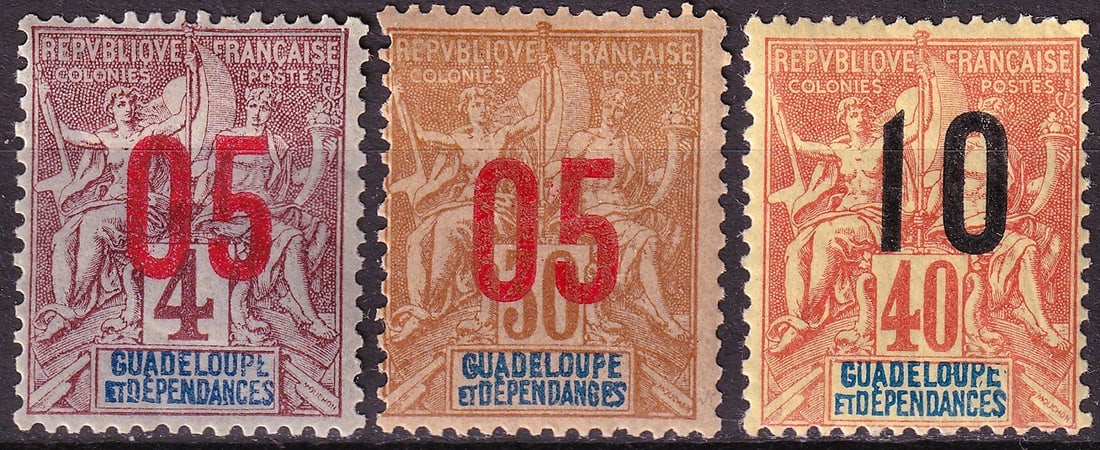 French colonial 1912 Guadeloupe Type Groupe Overprints Scott 83–85 (1 of 12)