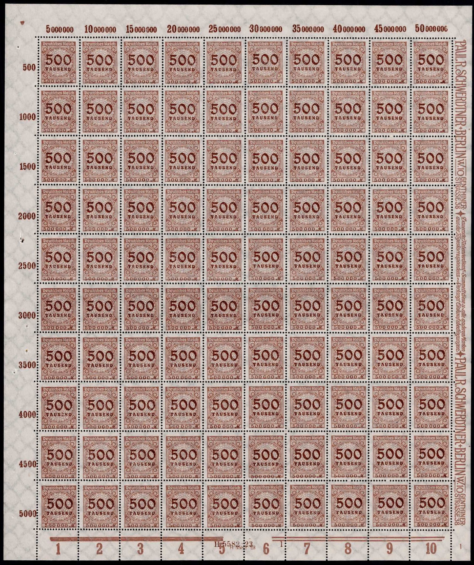 Post War German Reich 1923 Inflation 500000 Mark Scott DE 280 Michel DR 313AP Sheet: This complete mint never hinged sheet of the 500,000 Mark denomination was issued on 10 October 1923 by the German Reich during the accelerating phase of the Weimar hyperinflation. Catalogued as Scott