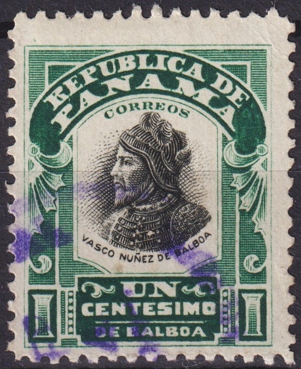 1906 Panama “Vasco Núñez de Balboa?? 1c Green & Black Scott 186: Issued in November 1906, this striking 1 centésimo definitive from Panama’s State Symbols and Personalities series features Vasco Núñez de Balboa, the famed Spanish explorer and first European to