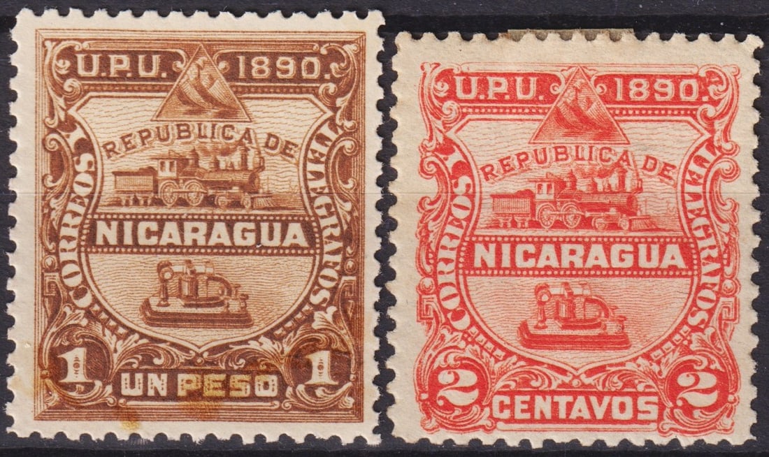 Portuguese 1890 Nicaragua Locomotive & Telegraph Shield Scott 20–21 MNH: Nicaragua 1890, two engraved definitive stamps from the celebrated “Locomotive and Telegraph in a Shield” series, issued to mark the country’s entry into the modern age of communication and 