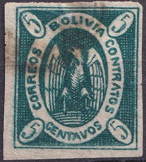 Bolivia 1867 5c Condor in Oval, Blue Green, Imperf, Scott 1a: A rare and historically significant example of Bolivia’s first national postage issue, the 5 centavos blue green "Condor in Oval" stamp, Scott 1a, issued in 1867 and printed in La Paz by Ramón Estr