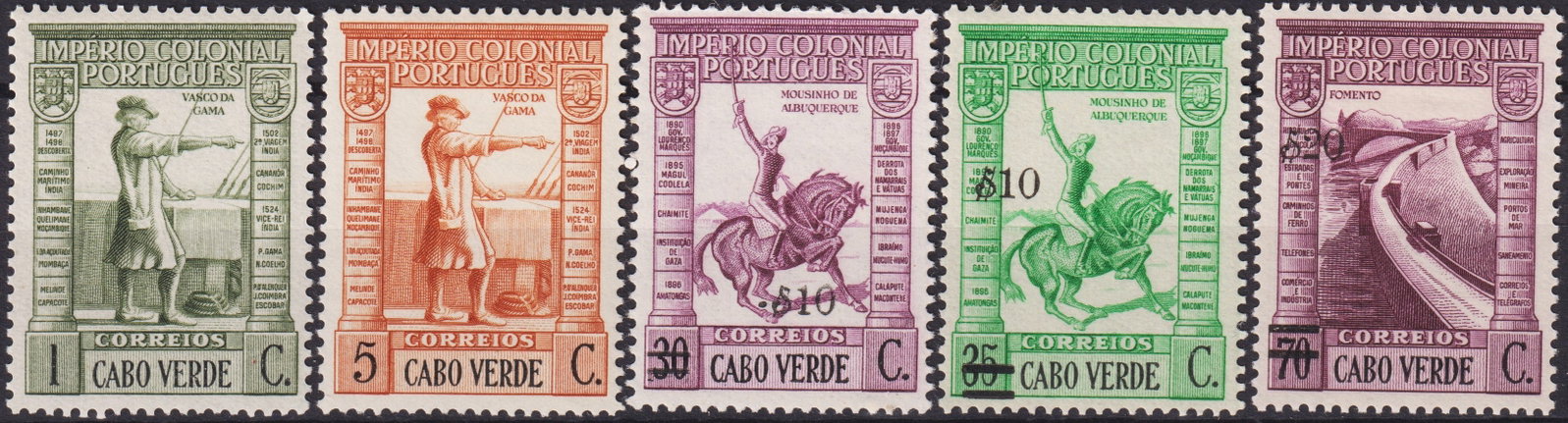 Portuguese Cape Verde Colonial Issue 1938 Surcharged Set MNH Scott #242–246, 271: This set of five postage stamps from Cape Verde, issued in 1938 under the Portuguese Colonial Empire series, presents surcharged values on earlier definitive designs celebrating figures and achievemen