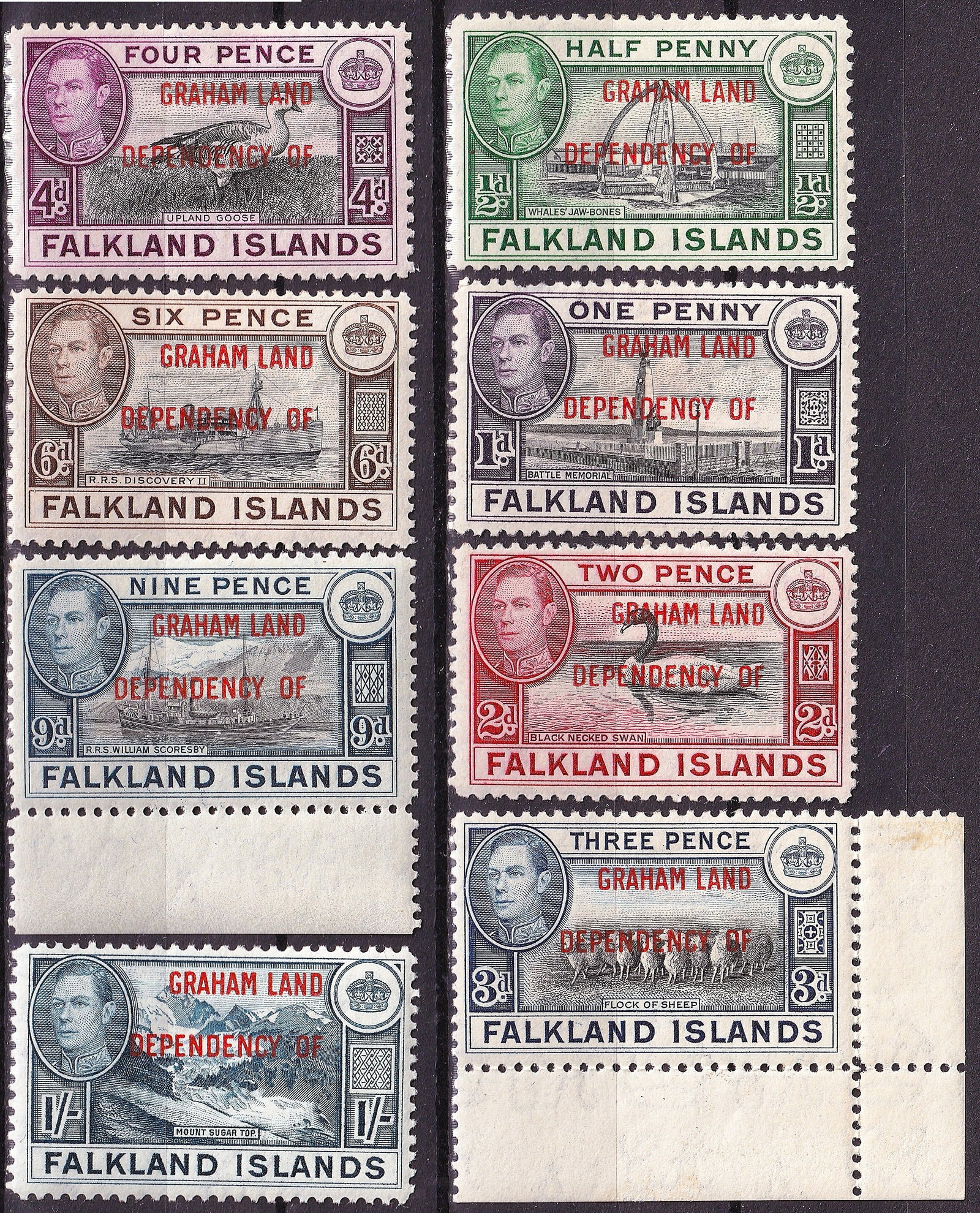 1944 Falkland Islands Graham Land Dependency Scott 1L1-1L8 MH: Issued in 1944, this attractive and historically significant group represents the Falkland Islands overprinted series for Graham Land, part of the early British Antarctic Territories administration du