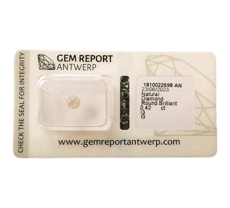 0.42 ct Round Brilliant Diamond, G Color, Antwerp Certified: Certified by Gem Report Antwerp, this natural diamond weighs 0.42 carats and is cut in a classic round brilliant style with proportions measuring 4.70 ? 4.75 ? 3.04 mm. Graded G in color, it belongs t