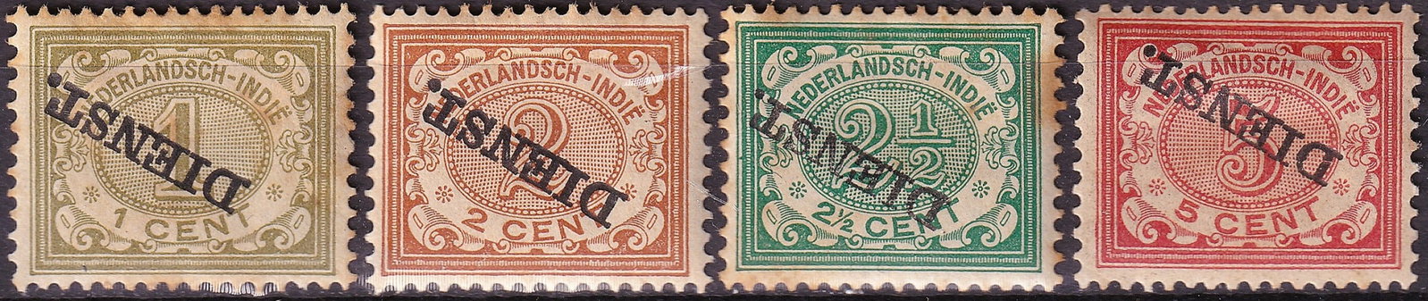1911 Netherlands Indies Scott O2a O3a O5a O192 Officials Overprint Set: A scarce four-value official issue set from the Netherlands Indies Department stamps series, issued in 1911 and featuring the characteristic “Dienst” overprint applied to definitive numeral st