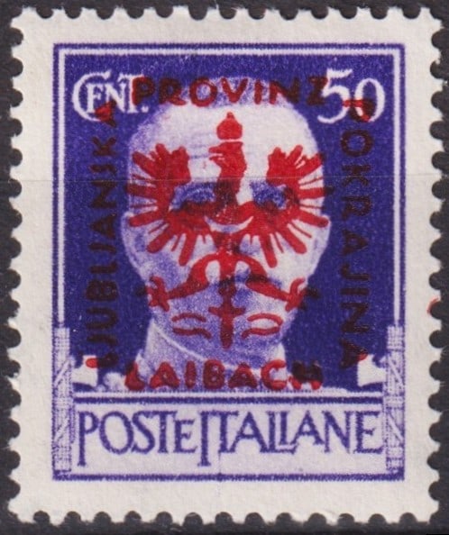 Slovenia Laibach WWII 1944, 50c Occupation Issue, Scott N/A, Michel DE-LA 8Z, only 100 printed: This extraordinary rarity originates from the German occupation of Ljubljana (Laibach) during World War II, issued on January 5, 1944, with an official print run of only 100 examples. The stamp, with 