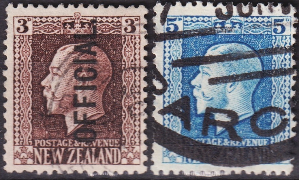 1922 New Zealand Official Overprint King George V 3d Brown & 5d Blue Scott O87-O88 NZ#161C: Issued between 1922 and 1941 and listed as Scott O87-O88 / Michel NZ 161C, these official postage and revenue stamps of New Zealand depict King George V, engraved in fine profile within an ornate fram