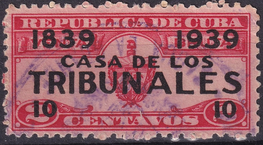 1939 Cuba 10c Casa de los Tribunales, Overprint, on Scott C31 MH: A scarce and culturally significant 1939 Cuban commemorative issue marking the centennial of the Casa de los Tribunales (1839–1939), featuring a bold black overprint “CASA DE LOS TRIBUNALES”