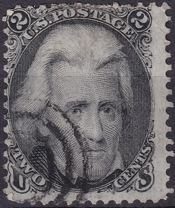 1863 United States 2 Cents Black Andrew Jackson, Scott 73: Issued on July 1, 1863, this 2 Cents black stamp from the United States portrays the distinguished seventh President Andrew Jackson, a figure revered both as a military leader and statesman. Produced 