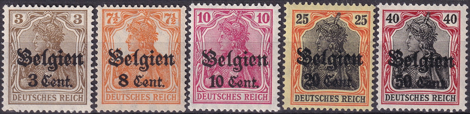 German Occupation of Belgium 1916 Belgien Overprint 3c to 50c Germania Scott BE N11–N20: Issued beginning May 1 1916 this series of overprinted definitive stamps represents the German occupation of Belgium during the First World War and was created by applying the striking Gothic overprin