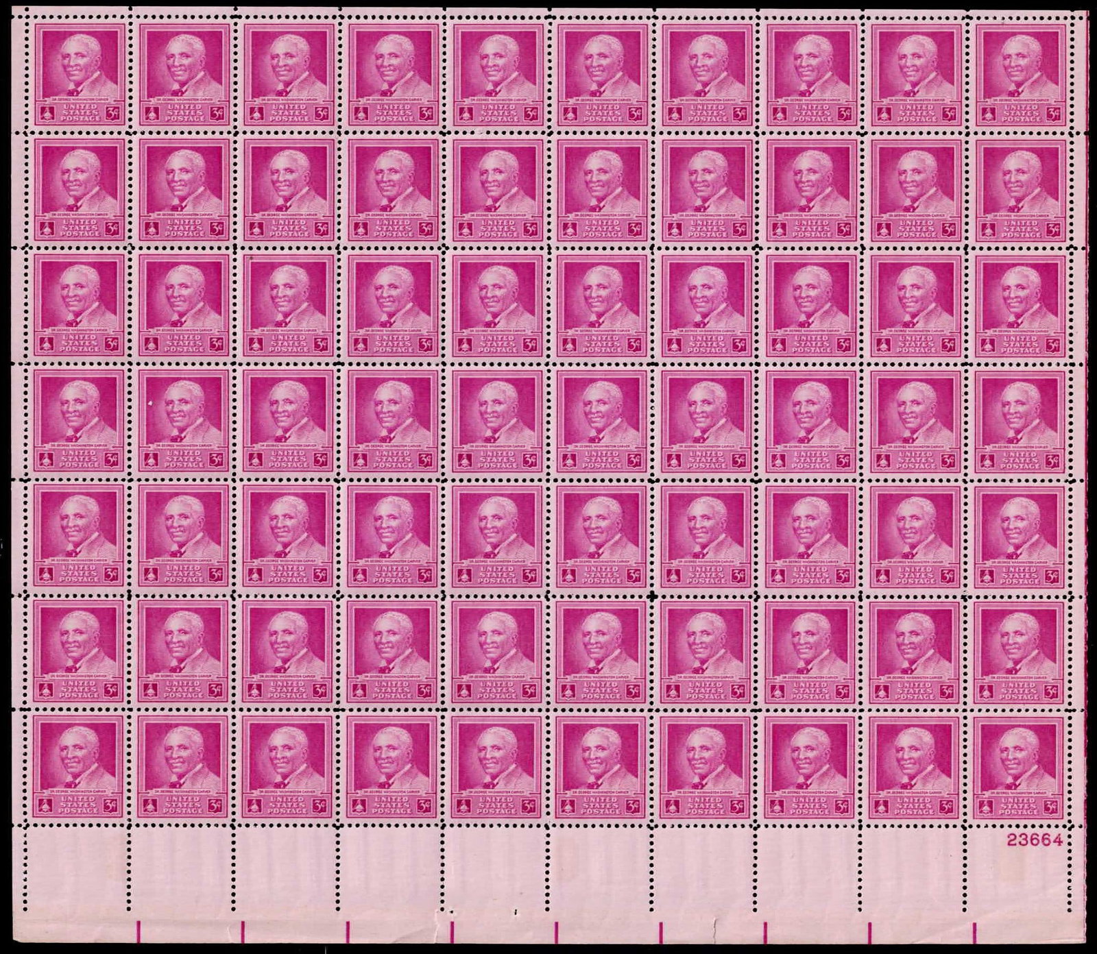 1948 U.S. 3 cent George Washington Carver Commemorative Stamp Sheet Scott 953: Issued by the United States Postal Service on January 5, 1948, this commemorative 3-cent stamp honors the 5th anniversary of the passing of George Washington Carver (circa 1864–1943), a pioneering A