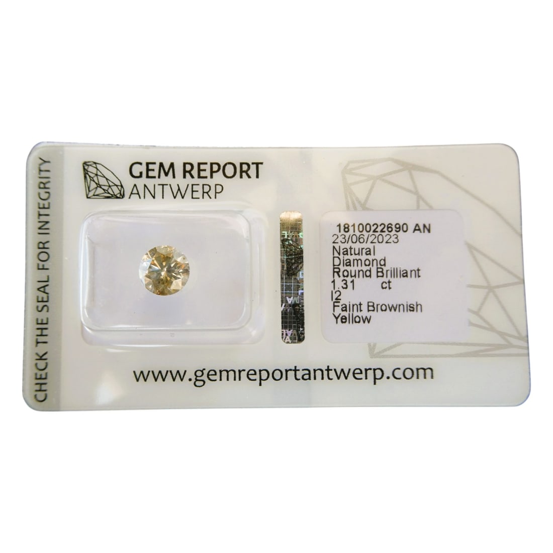 Gem Report Antwerp Certified Diamond, 1.31 ct, Faint Brownish Yellow, Round Brilliant: This natural diamond, certified by Gem Report Antwerp under certificate number 1810022690 AN, weighs 1.31 carats and is shaped in a round brilliant cut?one of the most popular and light-optimizing sty
