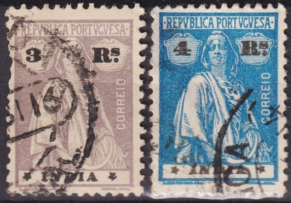 Portuguese India 1914 Surcharged Issues 3Rs & 4Rs Used (Scott 223, 224): Issued in Portuguese India in 1914, these two postage stamps belong to the Ceres definitive series, overprinted with new values during a transitional monetary period. The 3 Rupias, in grey-brown, and 