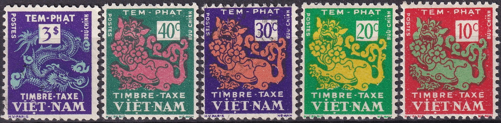 French Indochina 1952–55 Dragon Postage Due Set Scott J1–J4, J8 MNH (1 of 2)