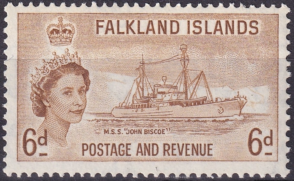 1955 Falkland Islands Queen Elizabeth II John Biscoe 6d SG 190: Issued in 1955 as part of the definitive series of the Falkland Islands, this 6 pence postage and revenue stamp presents a finely engraved portrait of Queen Elizabeth II accompanied by the research ve