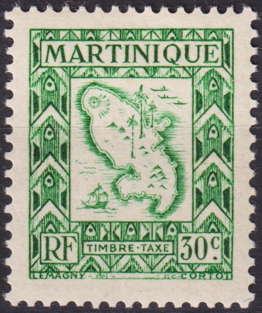French Martinique 1947 Postage Due – Map of the Island 30c Green (Scott J38): Issued on June 2, 1947, this finely engraved postage due stamp from Martinique depicts a stylized map of the island framed by geometric ornamentation, designed by Paul Pierre Lemagny and engraved by H