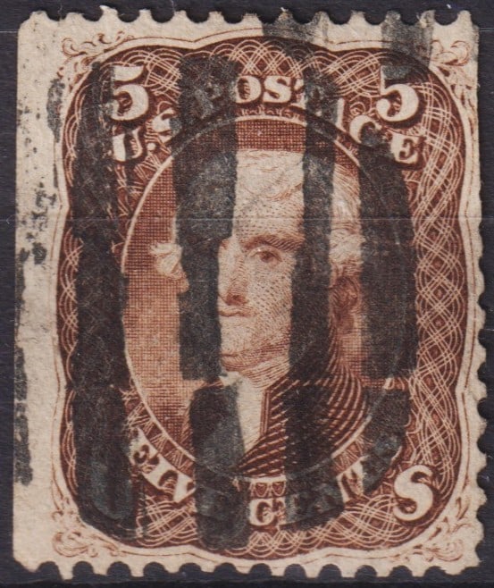 USA 1863 5¢ Jefferson Scott 76 brown, National Bank Note Co.: Issued on February 3, 1863 during the American Civil War, this 5¢ stamp depicts Thomas Jefferson, third President of the United States and author of the Declaration of Independence. Printed by the Na