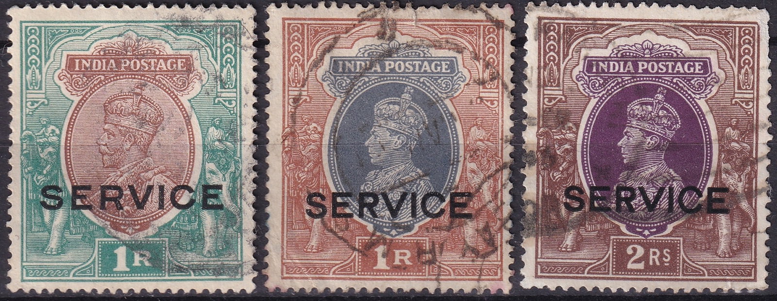 1930–1938 British India 1R & 2R Official SERVICE Stamps Used Trio: Trio of high-denomination British India official stamps from the 1930–1938 period, all overprinted “SERVICE” in black for government use. The first (SG O117) features King George V in profil