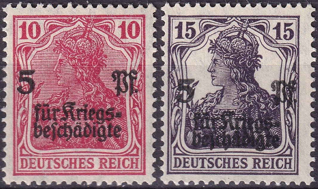 1920 Memel German Issues Overprinted “Für Kriegsbeschädigte?? (Scott N7–N8): Issued during the German occupation and transitional administration of the Memel Territory in 1920, these provisional semi-postal stamps were adapted from the German “Germania” definitives ori