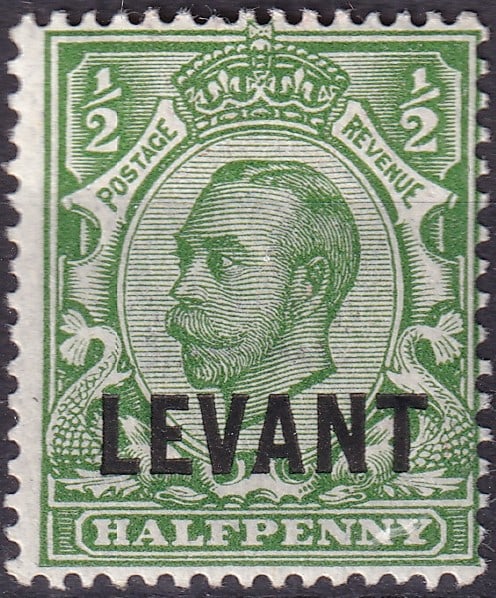 British Post Offices in Turkey 1912 King George V ½d Green “LEVANT?? Overprint Scott: Issued in 1912 for use at British postal agencies operating in the Ottoman Empire, this ½-penny green stamp bears the bold black “LEVANT” overprint applied to standard British definitiv