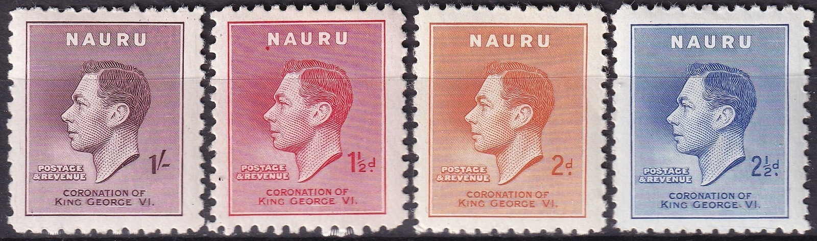 British Nauru 1937 Coronation of King George VI set (Scott NR 35–38): This complete commemorative set from Nauru was issued on 10 May 1937 to mark the coronation of King George VI, a pivotal moment in British imperial history. Designed and printed by John Ash in Melbour