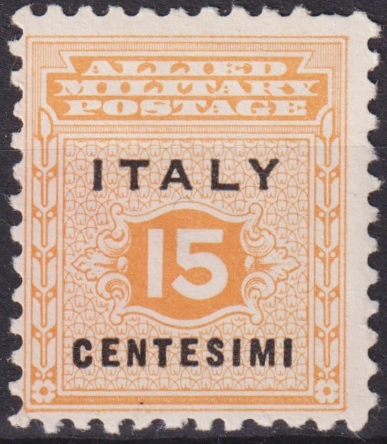1943 Italy Allied Military Post 15c Orange Sicily, Scott 1N1: Issued on August 24, 1943, by the Allied Military Government for use in occupied Sicily during World War II, this 15 centesimi stamp represents one of the first issues placed into circulation followin
