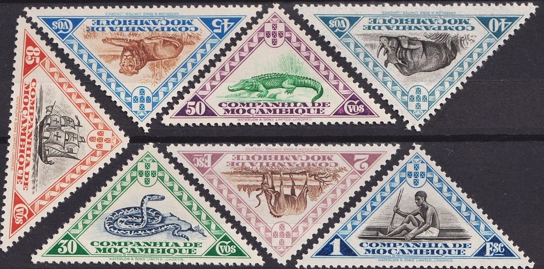 Portuguese Mozambique Company 1937 Triangular Definitives Set, Scott #180-190 MNH: Issued in 1937 by the Companhia de Moçambique, this complete triangular set of definitives (Scott #180-190) remains one of the most distinctive philatelic productions of the Portuguese colonial era. 