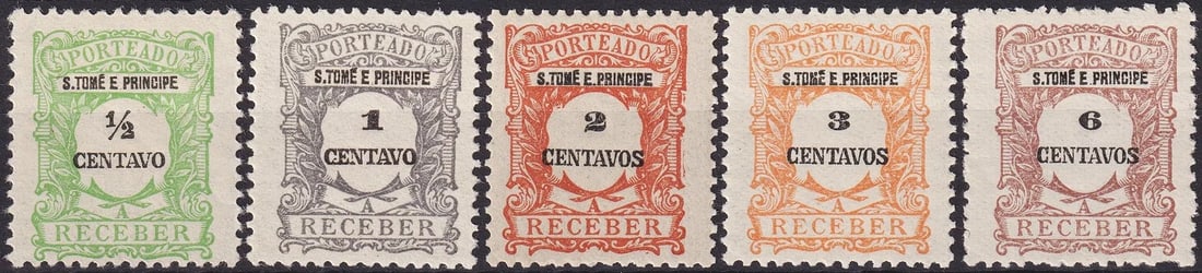 Portuguese Sao Tome and Príncipe 1921 Postage Due Set, Scott J42–J47, MNH: A complete set of five scarce Postage Due issues from São Tomé and Príncipe, released in 1921 and printed by Casa da Moeda in Lisbon. This classic issue features ornate frames surrounding bold nume