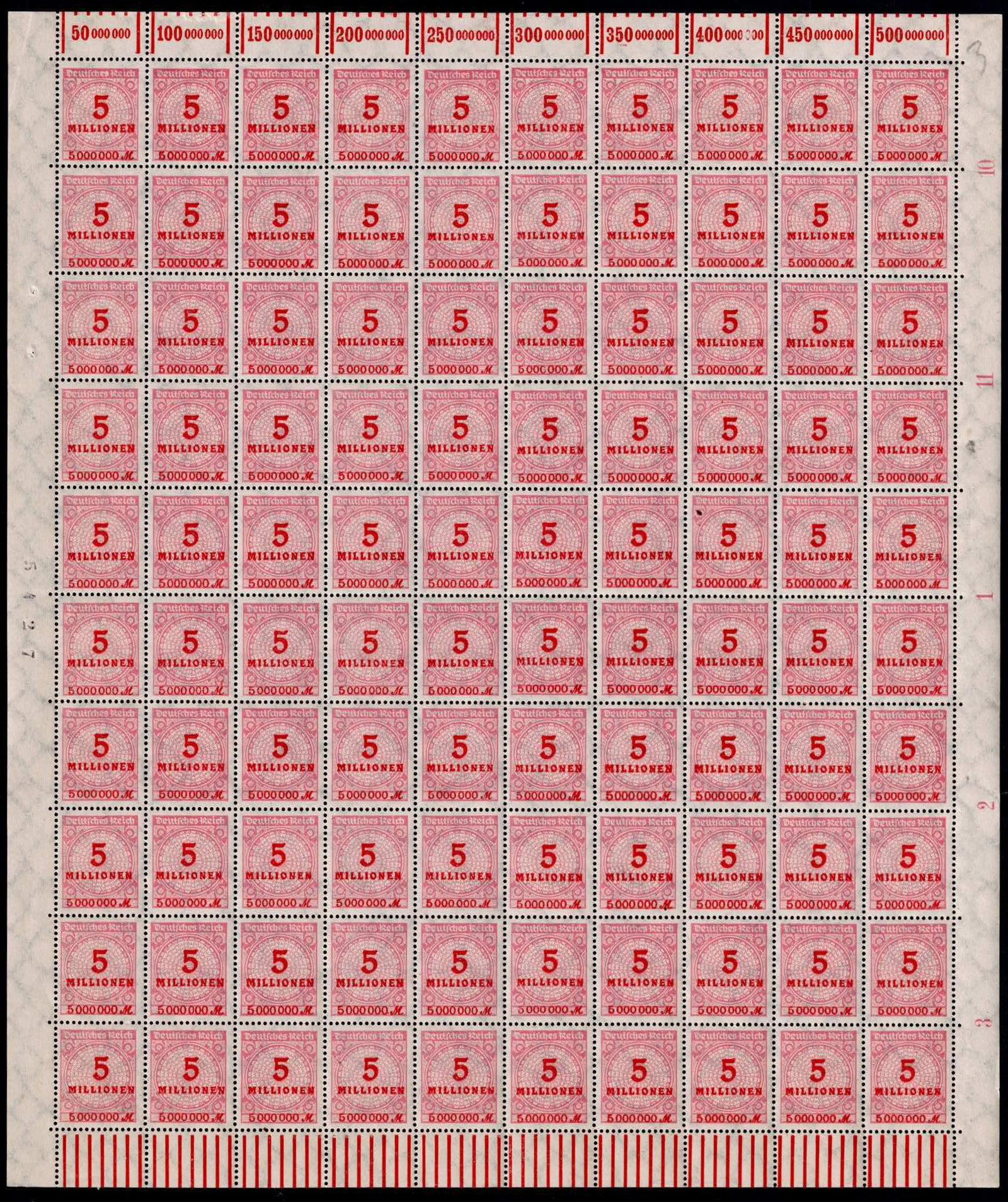 Post War 1923 German Reich Inflation 5 Million Mark Full Sheet Scott DE 317: Issued during the final and most dramatic phase of the German hyperinflation, this complete mint never hinged sheet represents the extreme monetary conditions of the Weimar Republic in late 1923. The 