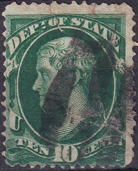 1873 USA Official 10¢ Green Department of State Stamp, Scott O62: A fine example of the 1873 10 cent Official stamp issued by the United States for the Department of State, Scott O62, printed by the Continental Bank Note Company in deep green via engraved printing. 