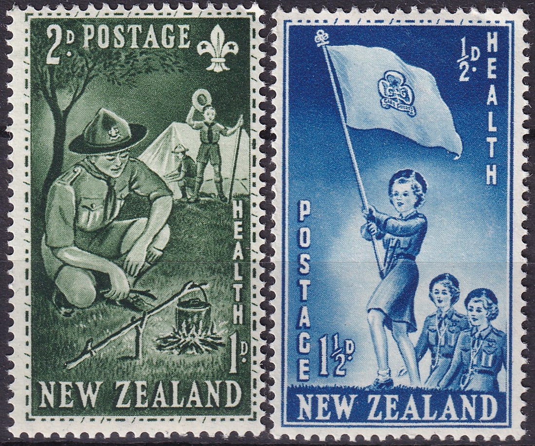 New Zealand 1953 Health Stamps Boy Scouts and Girl Guides Set Scott NZ B42–B43: Issued on October 7 1953 this two stamp semi postal set from New Zealand celebrates the international ideals of Scouting and Guiding while continuing the nation’s long standing Health Stamp traditio