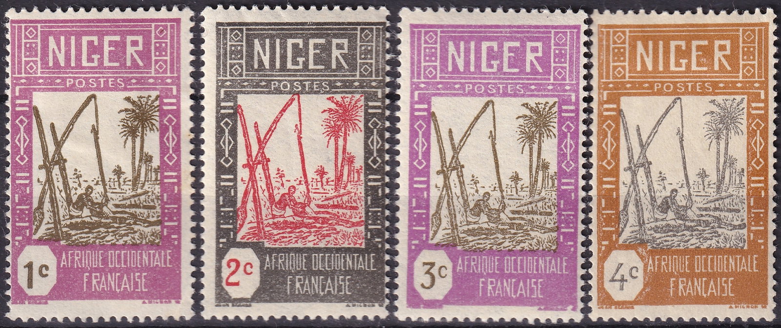 1926 Niger Drawing Water from Well Set Michel FR NE 29 30 31 58: This lot presents a representative group from the classic Niger definitive series Drawing Water from Well, issued within French West Africa and cataloged primarily as Michel FR NE 29, 30, 31 and 58. T
