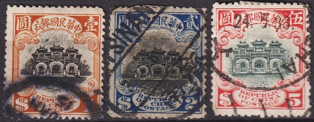 China 1923 Hall of Classics, 2nd Peking Print, 1–5 Dollars (Scott 236–238): Issued in 1923 during the early Republic of China period, this set of three high-value stamps from the 2nd Peking Printing features the imposing Hall of Classics, an iconic architectural symbol of Chi