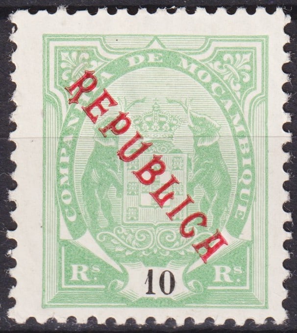 Portuguese Mozambique Company 1911 Coat of Arms Overprint Scott #63: This fine example of the Mozambique Company issue, released in February 1911, features the intricate Coat of Arms design with elephants as heraldic supporters, symbolizing both colonial authority and 