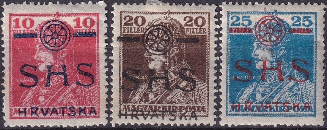 Croatia SHS 1918 Overprints on Hungary, Scott YU 2L24–26 Mint: Issued in Croatia under the Kingdom of Serbs, Croats and Slovenes in 1918, these rare provisional overprints were applied to Hungarian definitive stamps depicting King Karl I, adapted for use after th