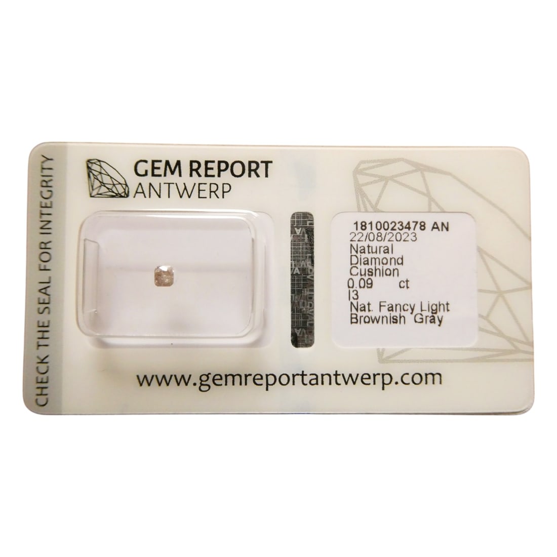 Natural 0.09 ct Cushion-Cut Fancy Light Brownish Gray Diamond, Antwerp: A natural fancy light brownish gray diamond of cushion cut, weighing 0.09 carats and certified by Gem Report Antwerp on August 22, 2023. This subtly hued diamond, measuring 2.75 x 2.46 x 1.62 mm, pres