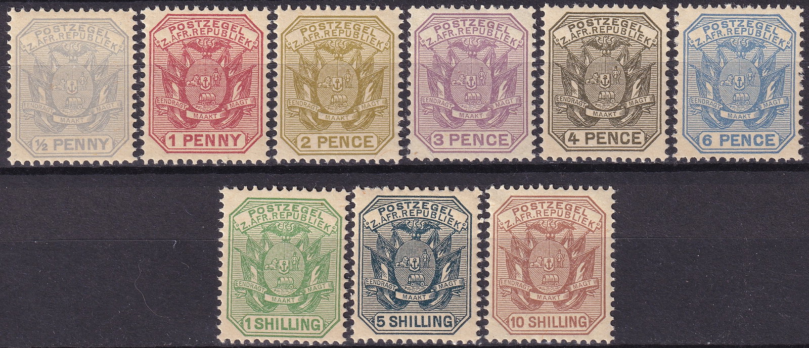 1894 Transvaal Coat of Arms Complete Set Scott 148 160: This complete definitive stamp set was issued between 1894 and 1897 for Transvaal during the late period of the South African Republic and forms part of the classic Coat of Arms series representing so