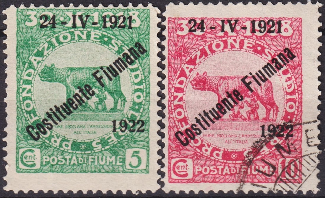 Independent free state Fiume 1922 Constitution Overprints Scott 161–162 set: A rare pair of definitive issues from Fiume, overprinted “Costituente Fiumana 24-IV-1921 1922” to commemorate the Constituent Assembly that confirmed the annexation of Fiume to the Kingdom of 