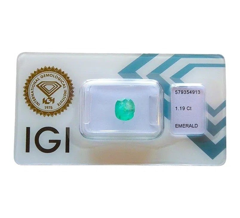 IGI-Certified Emerald, 1.19 ct, Bluish Green, Cushion Cut, Afghanistan: A certified natural emerald weighing 1.19 carats, graded by the International Gemological Institute (IGI Report No. 579354913, dated May 31, 2023). This gemstone is a natural variety of beryl, fashion