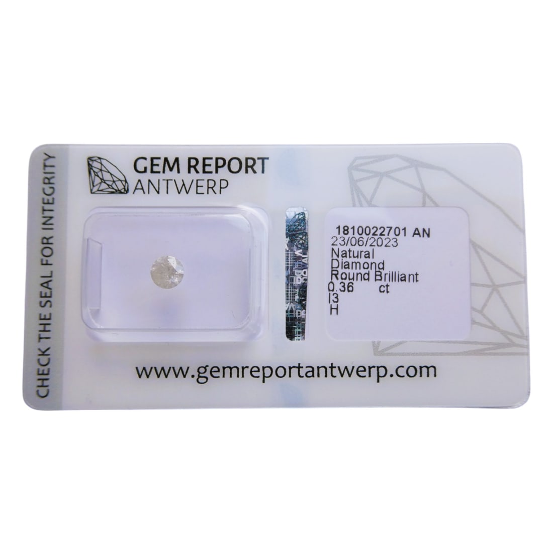 GRA-Certified Diamond, 0.36 ct, H Color, Round Brilliant, I3: A natural diamond weighing 0.36 carats, certified by Gem Report Antwerp (Certificate No. 1810022701 AN), with grading dated June 23, 2023. The stone is shaped in a classic round brilliant cut, with di