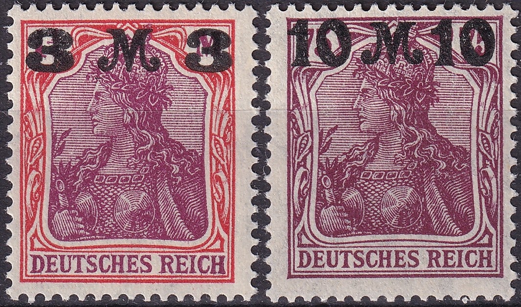 1921 Germany “Germania?? High Values 3M & 10M Overprints (Scott 134–136): Issued during the Weimar Republic era in 1921–1922, these high-denomination Germania stamps represent the final chapter in the long-running series that had served the German Empire since 1900. The p