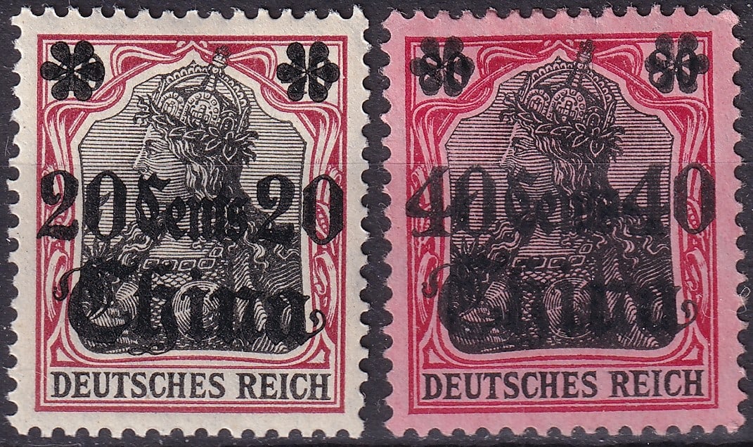 1905 to 1910 China German PO Germania 20c & 40c MNH, Scott DR-CHI 41, 52: Issued between 1905 and 1910 for use in German International Post Offices in China, this typographed definitive pair features the allegorical female figure Germania, adorned with a diadem and royal in