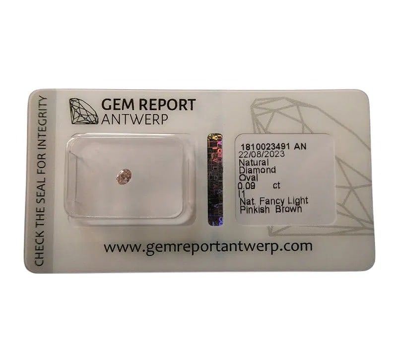 Natural 0.09 ct Oval-Cut Fancy Light Pinkish Brown Diamond, Antwerp: A natural fancy light pinkish brown diamond, oval-cut and certified by Gem Report Antwerp on August 22, 2023. This gemstone weighs 0.09 carats and has precise measurements of 3.66 x 2.54 x 1.40 mm. Th