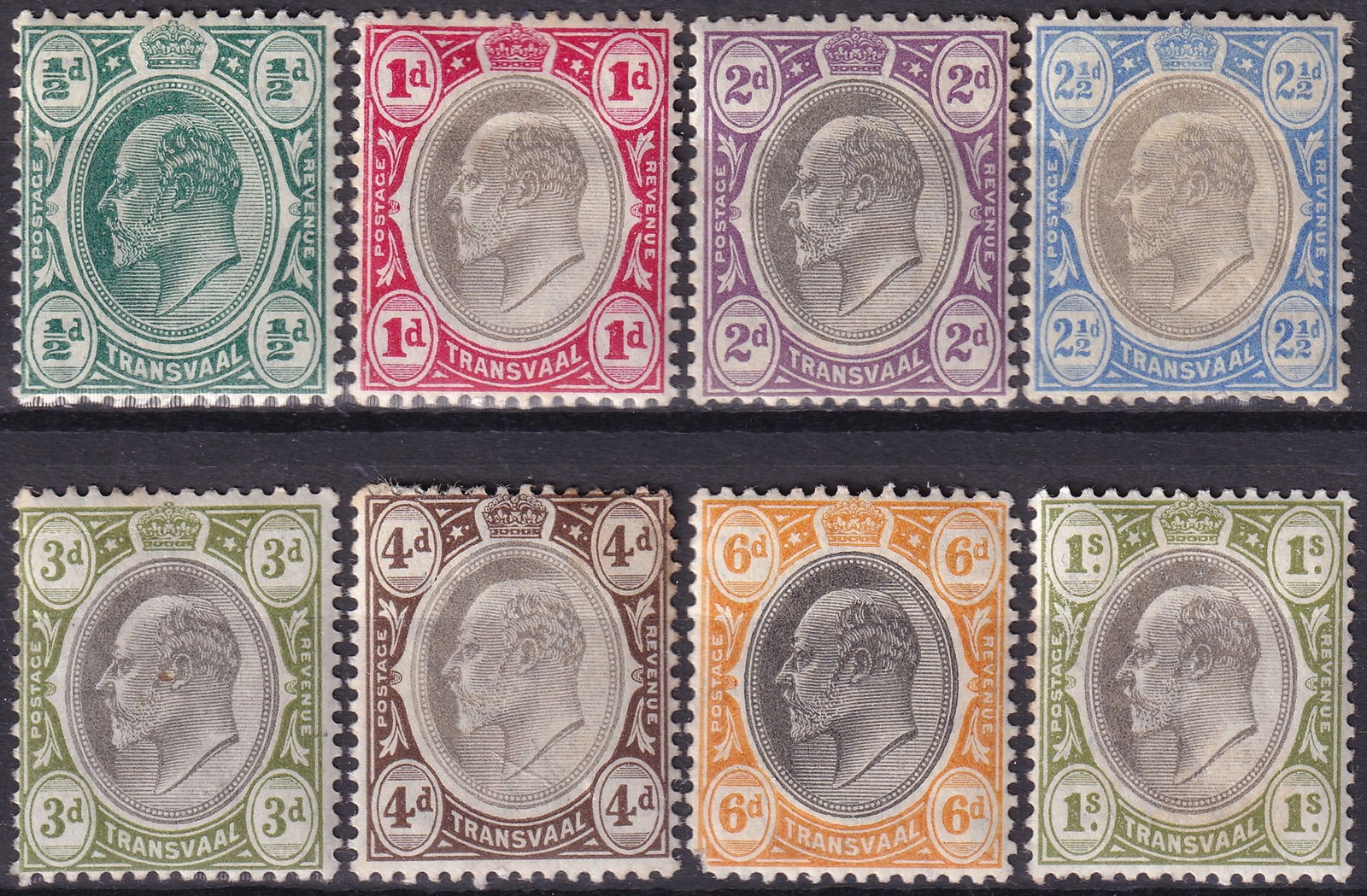 Transvaal 1902–1908 King Edward VII Definitives SG 251 259 273a MNH Set: This lot comprises a representative group of Transvaal King Edward VII definitive issues spanning the early twentieth century, illustrating the final classic portrait series of the British colonial pe
