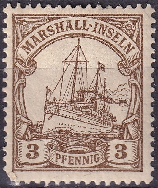 Marshall Islands German Colony 1901 3 Pfennig Brown "Yacht" Issue: This scarce 1901 issue from the Marshall Islands under German administration belongs to the celebrated "Yacht Hohenzollern" series, a definitive colonial design that symbolized German naval power and 