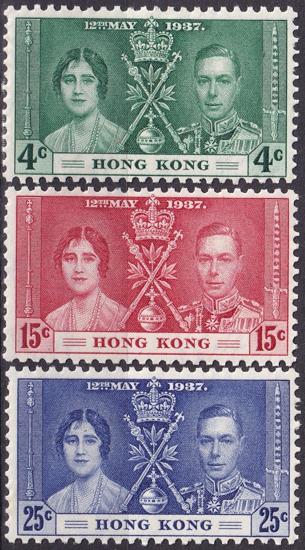 Hong Kong 1937 Coronation of King George VI and Queen Elizabeth (SG 137–139, Mi 136–138): Issued on 12 May 1937 to commemorate the Coronation of King George VI and Queen Elizabeth, this elegant three-stamp set from Hong Kong stands among the most iconic colonial commemoratives of the inter