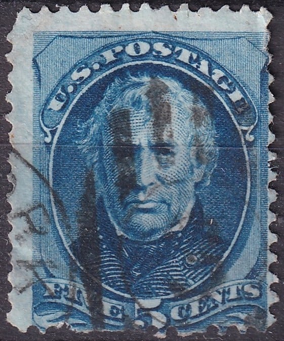 USA 1879 5¢ Zachary Taylor Blue Stamp Scott #185 – American Bank Note Co., Used: Issued on January 16, 1879 by the American Bank Note Company, this 5 cent blue definitive stamp features a portrait of 12th U.S. President Zachary Taylor and belongs to the post-Reconstruction Great A