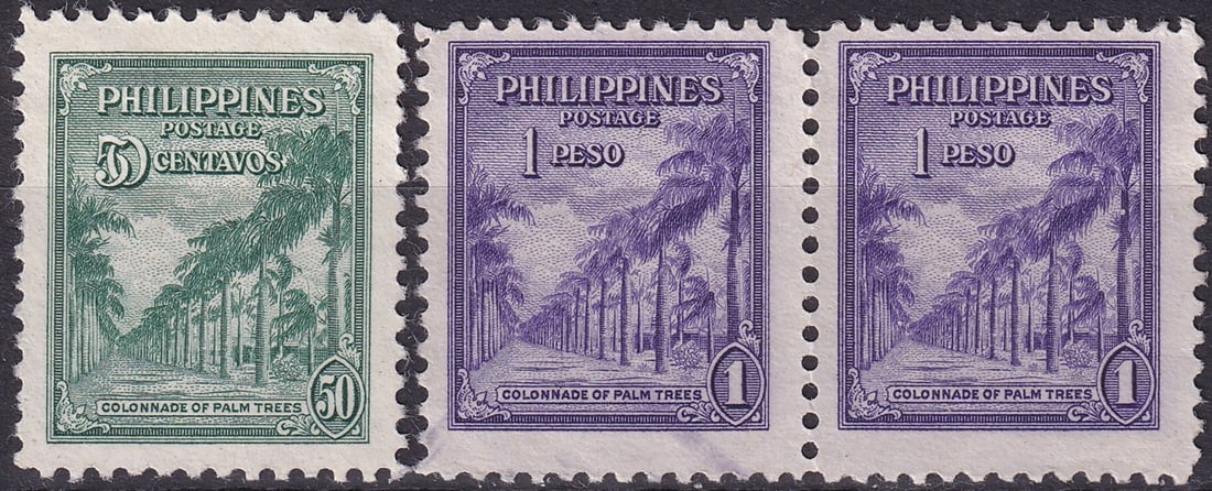 Philippines 1947 Colonnade of Palm Trees Series 50 Centavos and 1 Peso Scott PH 509–510: Issued in 1947 by the newly independent Republic of the Philippines, the “Colonnade of Palm Trees” stamps stand among the most elegant and symbolic productions of the American Bank Note Compan