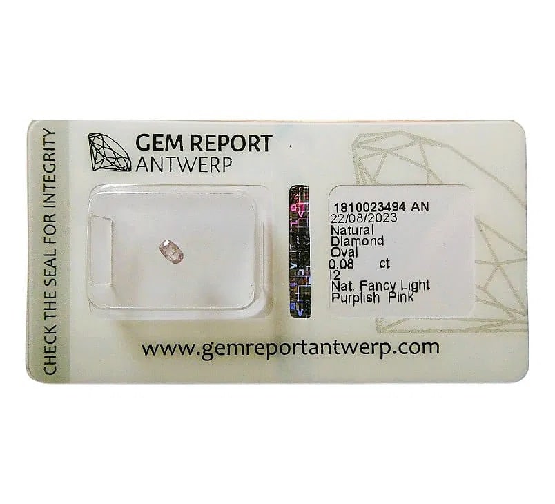 Natural 0.08 ct Oval-Cut Fancy Light Purplish Pink Diamond, Antwerp: A delicately colored and rare natural fancy light purplish pink diamond, expertly graded and sealed by Gem Report Antwerp on August 22, 2023. This oval-cut gemstone weighs 0.08 carats and measures 3.6