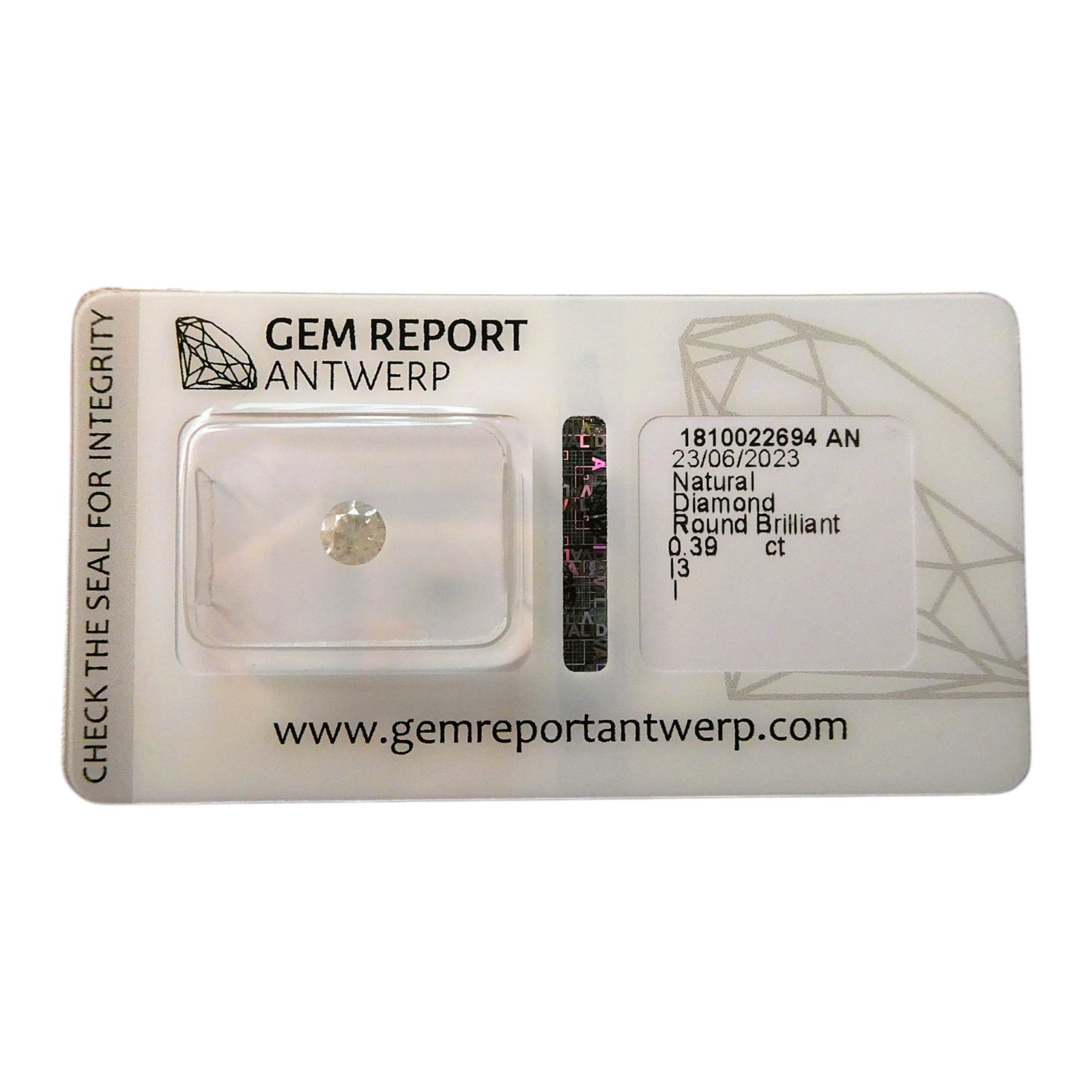 Gem Report Antwerp Natural Diamond, Round Brilliant 0.39 ct, I Color: Certified by Gem Report Antwerp on 23 June 2023, this is a natural round brilliant cut diamond weighing 0.39 carats, with dimensions of 4.60?4.64 mm in diameter and a depth of 3.00 mm. The diamond is 
